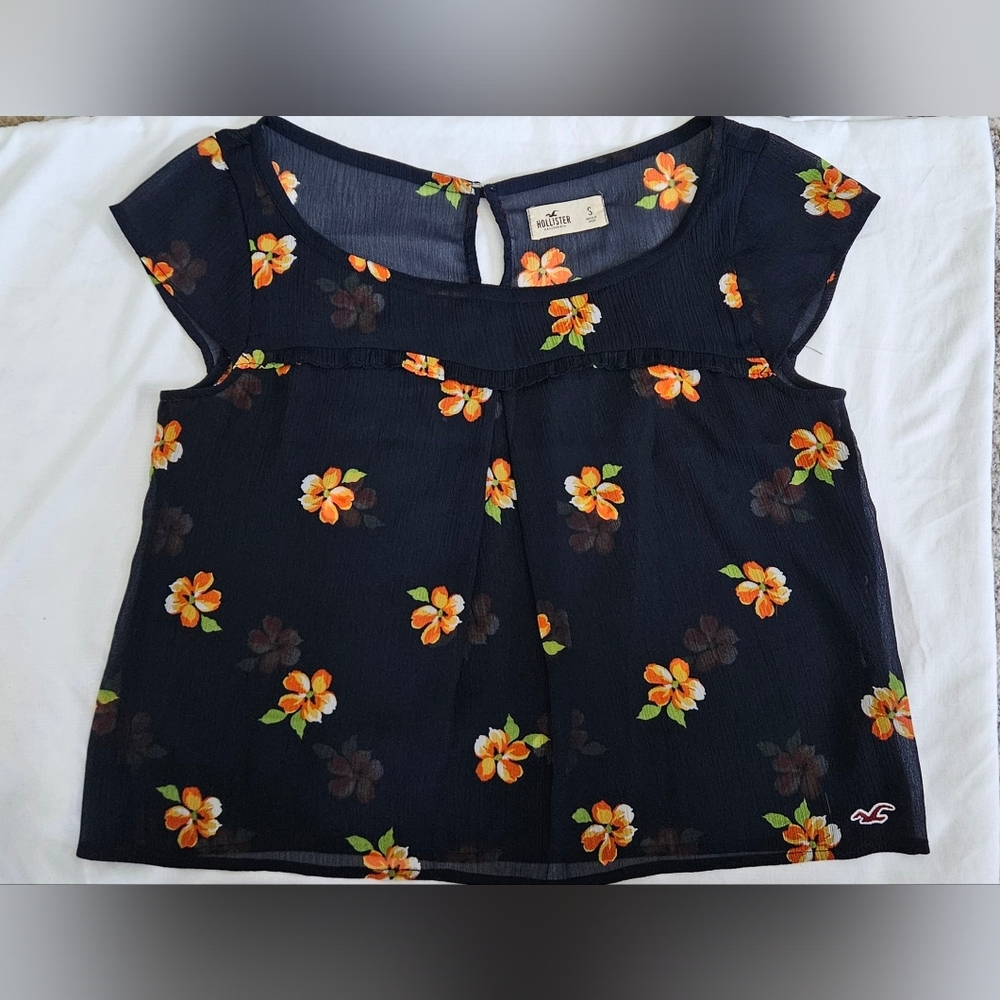 Hollister Floral Sheer Blouse Small Navy Orange Ruffle Cottagecore Top.